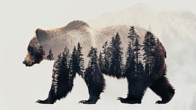 Photo double exposure majestic grizzly bear against a mountain landscape