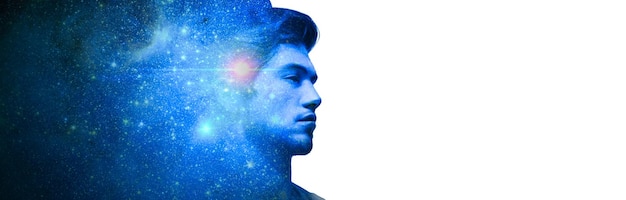 Double exposure of male face and galaxy Abstract man portrait Digital art Augmented reality dream future technology game concept wite background Blue neon light copy space