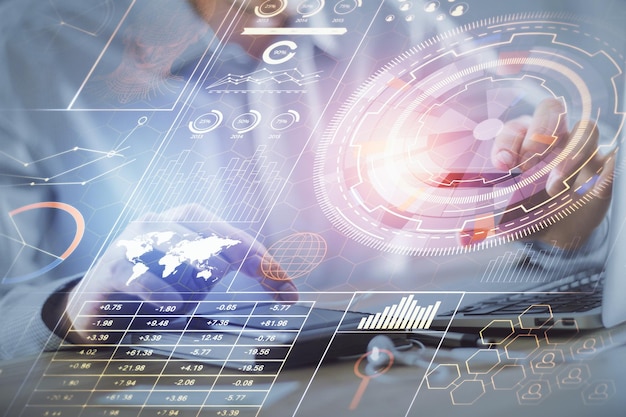 double exposure of man hands holding a credit card and data theme drawing ecommerce and technology concept