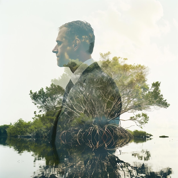 Photo double exposure of man and mangroves plant csr concept