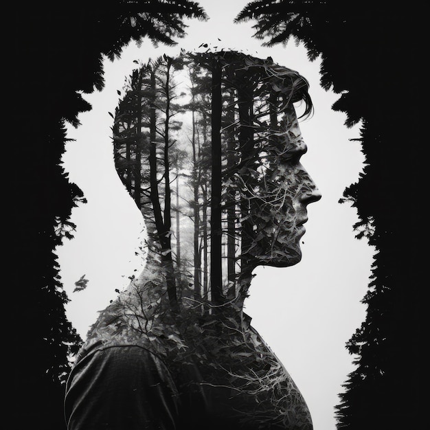 Double exposure of man's face with trees in the background Generative AI