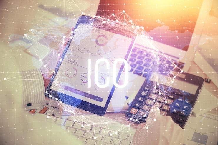Photo double exposure of man's hands holding and using a phone and crypto currency blockchain theme drawing