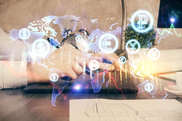 Double exposure of man's hands holding and using a phone and financial graph drawing Analysis concept