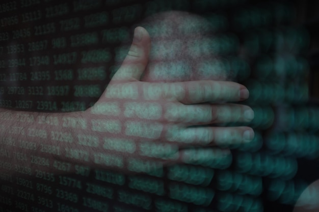 double exposure of man with binary codes
