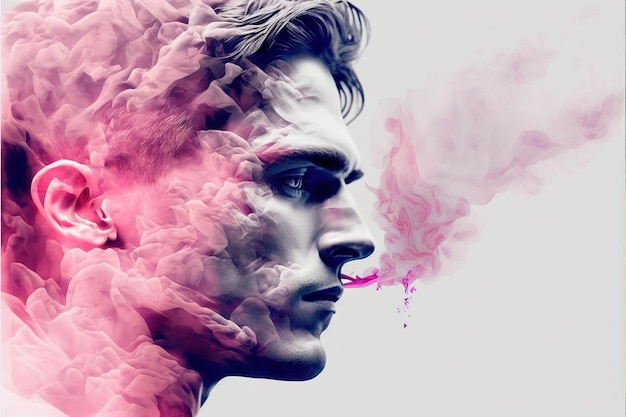 Double exposure man with pink smoke in abstract art as inner stress