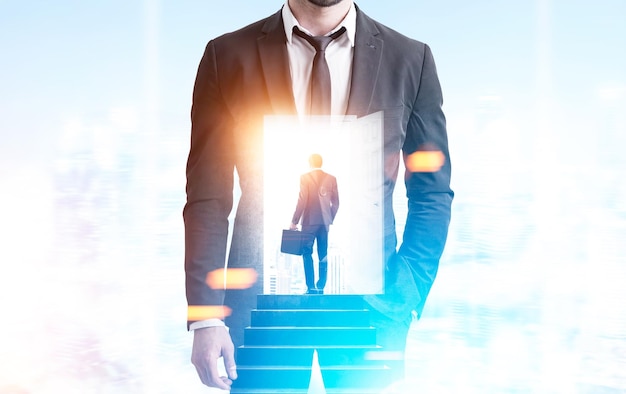 Double exposure of a man with a suitcase climbing the stairs inside a bearded businessman standing in a blue office. 3d rendering, double exposure, mock up, toned image
