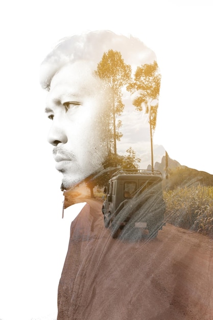 Double exposure of man with van on road against white background