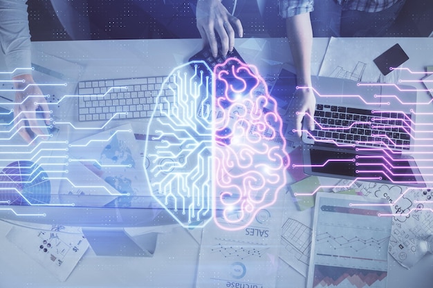 double exposure of man and woman working together and brain drawing hologram intellectual brainstorming concept computer background