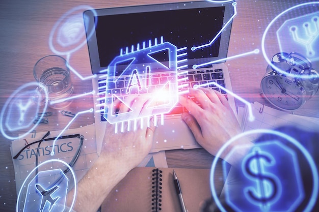 double exposure of mans hands typing over computer keyboard and data theme hologram drawing top view technology concept