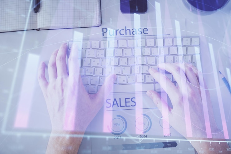 Photo double exposure of mans hands typing over laptop keyboard and forex chart hologram drawing top view financial markets concept