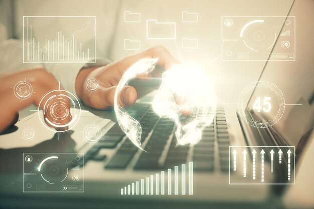 Double exposure of market chart with man working on computer on background Concept of financial analysis