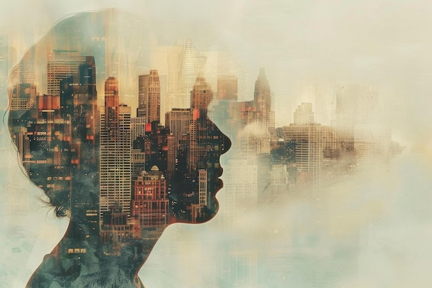 Photo double exposure of metropolitan city inside human head digital painting