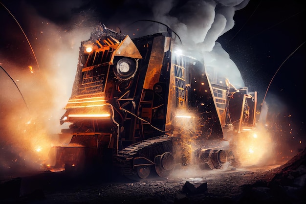 Double exposure of mining equipment and underground coal mine with flames and sparks flying