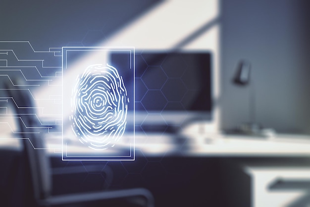 写真 抽象的な創造的な指紋ホログラムと、個人情報概念の背景保護に関するコンピューターを備えたモダンなデスクの二重露光