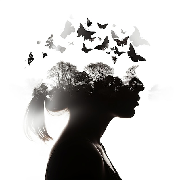 Double exposure of a person with flying butterflies in the style of shadowy stillness