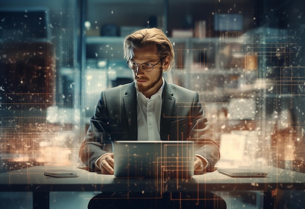 double exposure photo of a business man using laptop on his desk front view office background