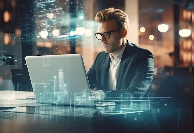 double exposure photo of a business man using laptop on his desk front view office background