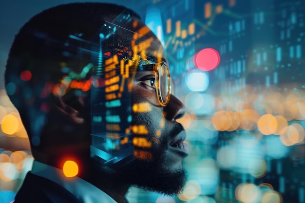 Double exposure photo Portrait of Black Stock Market Trader Doing Analysis of Investment Charts