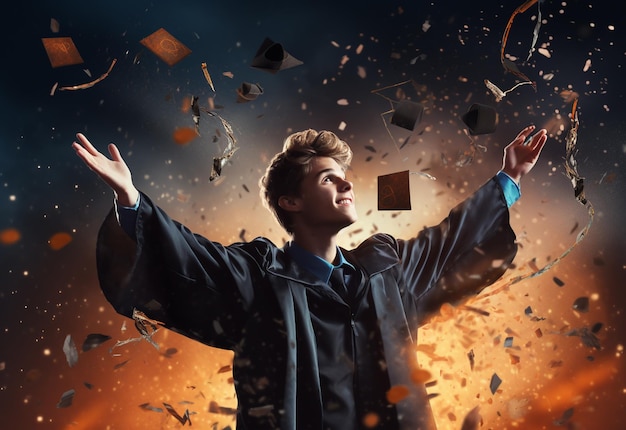 Double exposure photo of Young man throwing graduation cap technology background realistic image