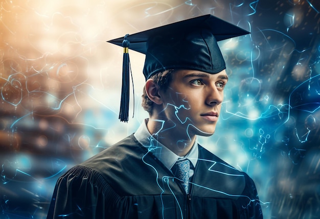 Foto foto a doppia esposizione di giovane con immagine realistica di sfondo della tecnologia del cappello di laurea