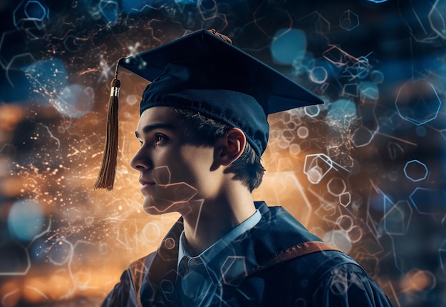 Фотография с двойной экспозицией молодого человека с технологическим фоном в выпускной кепке реалистичное изображение