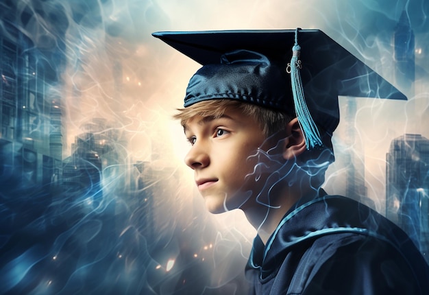 Photo double exposure photo of young man with graduation cap technology background realistic image