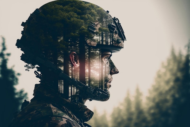 double exposure photograph of a soldier in full gear