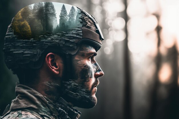 double exposure photograph of a soldier in full gear