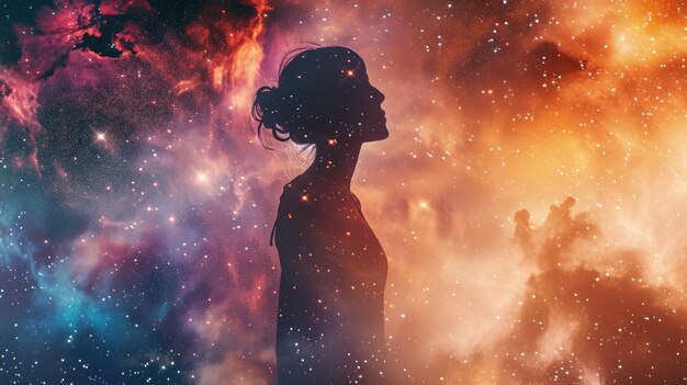 Foto l'immagine a doppia esposizione di una donna adulta umana con una galassia nello spazio aigx03