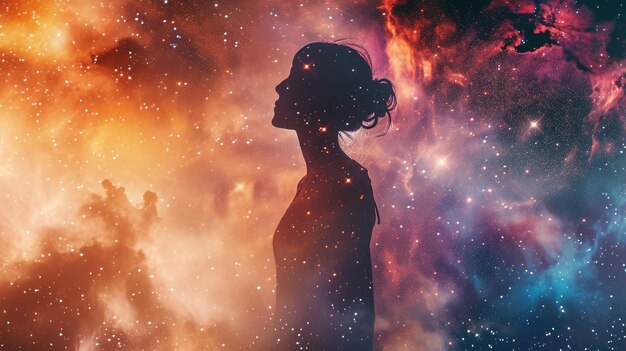 Foto la foto a doppia esposizione di una donna adulta umana con la galassia nello spazio aigx
