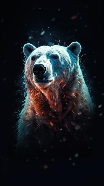 Двойная экспозиция белого медведя на темном фоне Генеративный ИИ