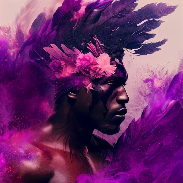 Double exposure portrait beautiful african american man flowers feather purple abstract