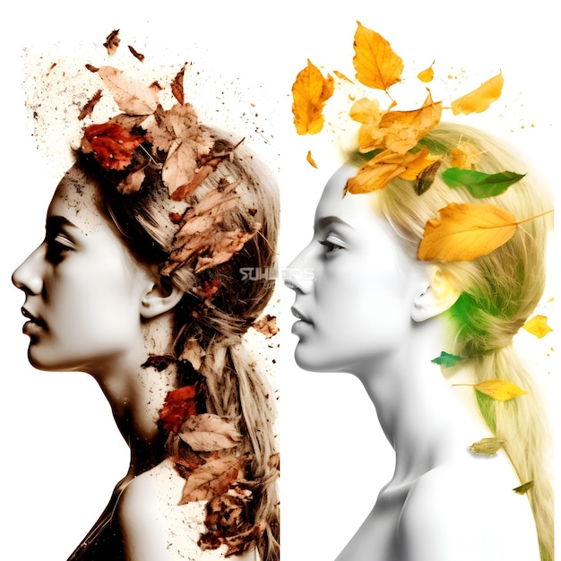 Double exposure portrait of beautiful woman with autumn leaves in her hair