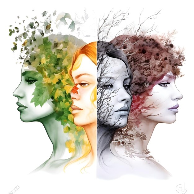 Double exposure portrait of a beautiful woman with green leaves and red hair