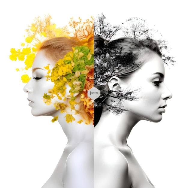 Double exposure portrait of a beautiful young woman with yellow flowers in her hair