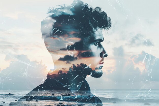 Double exposure portrait of calm thoughtful bearded man on sea coast with waves nature concept