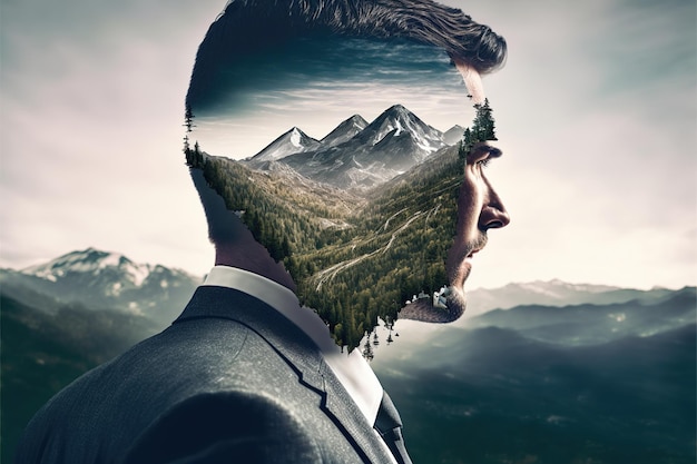 Double exposure portrait of determined businessman with wondrous greenery