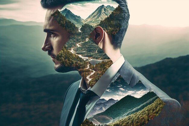 Double exposure portrait of determined businessman with wondrous greenery