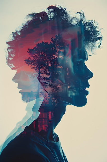 A double exposure portrait of a man with trees in his head