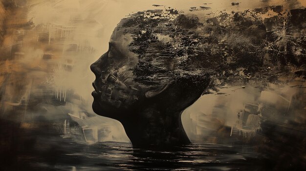 Photo double exposure portrait of a mans head in the water conceptual image