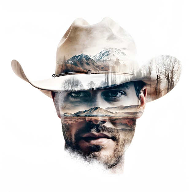 Double exposure portrait photography of a cowboy and a wild nature