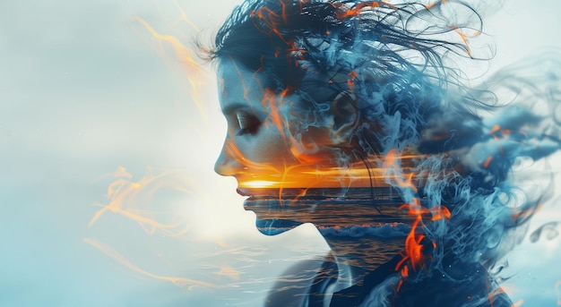 Double exposure portrait profile of calm thoughtful young woman with element water style sea waves