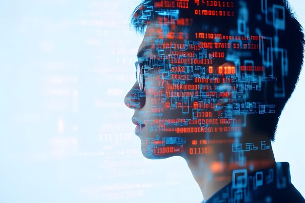 a double exposure portrait of a programmer analyzing code with binary and abstract algorithms