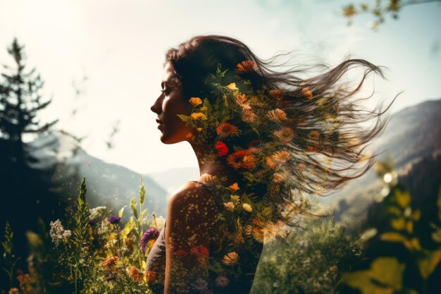 Photo double exposure portrait summer serenity ethereal green landscapes of flowersmountains and trees