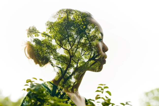 Портрет женщины с двойной экспозицией, смешанный с природой, зеленые лесные деревья на светлом фоне.