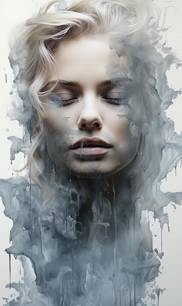 Double exposure Portrait of woman combined with waterfall and rainforest