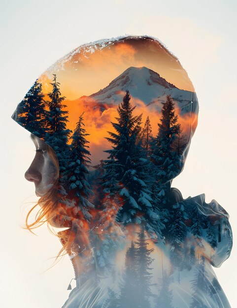 Double exposure portrait of woman with mountain background