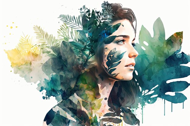 Double exposure portrait woman with a plants and leaves Colorful creative illustration Generative AI