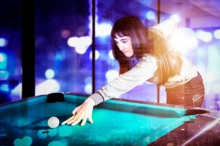Photo double exposure of pretty girl playing billiard