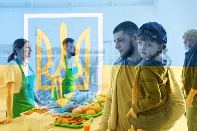 Double exposure of refugees receiving food from volunteers and Ukrainian flag Help during war